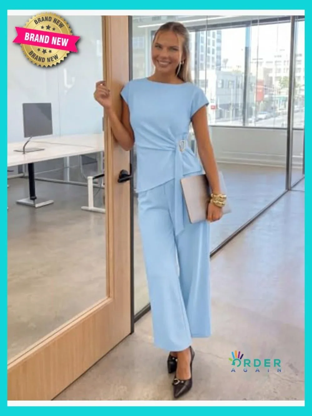 2 Piece Outfit Set Short Sleeve Knit Top Wide Leg Pants Office Work